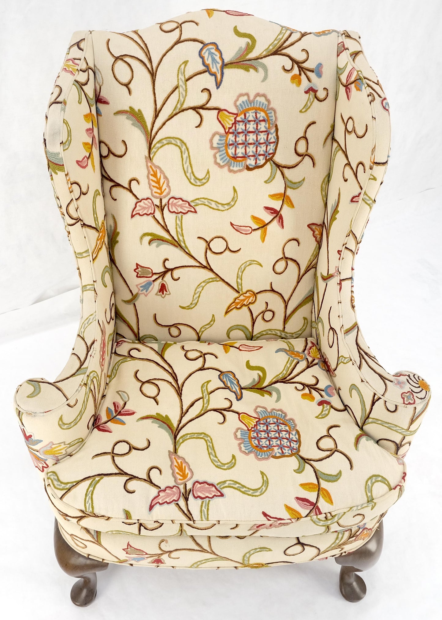 Hand Stitched Floral Pattern Wide Queen Ann Base Wind Lounge Club Chair 1940s