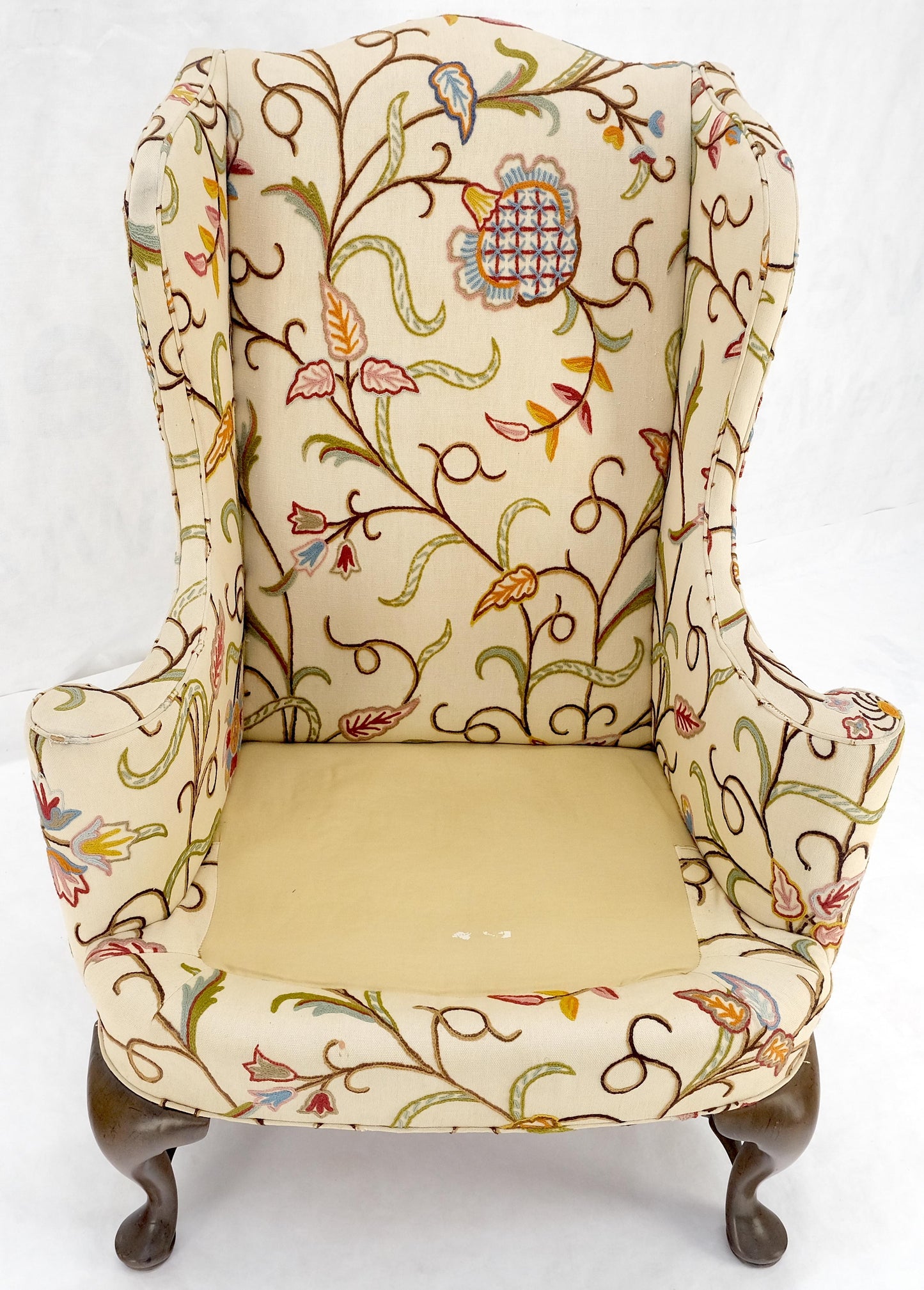 Hand Stitched Floral Pattern Wide Queen Ann Base Wind Lounge Club Chair 1940s