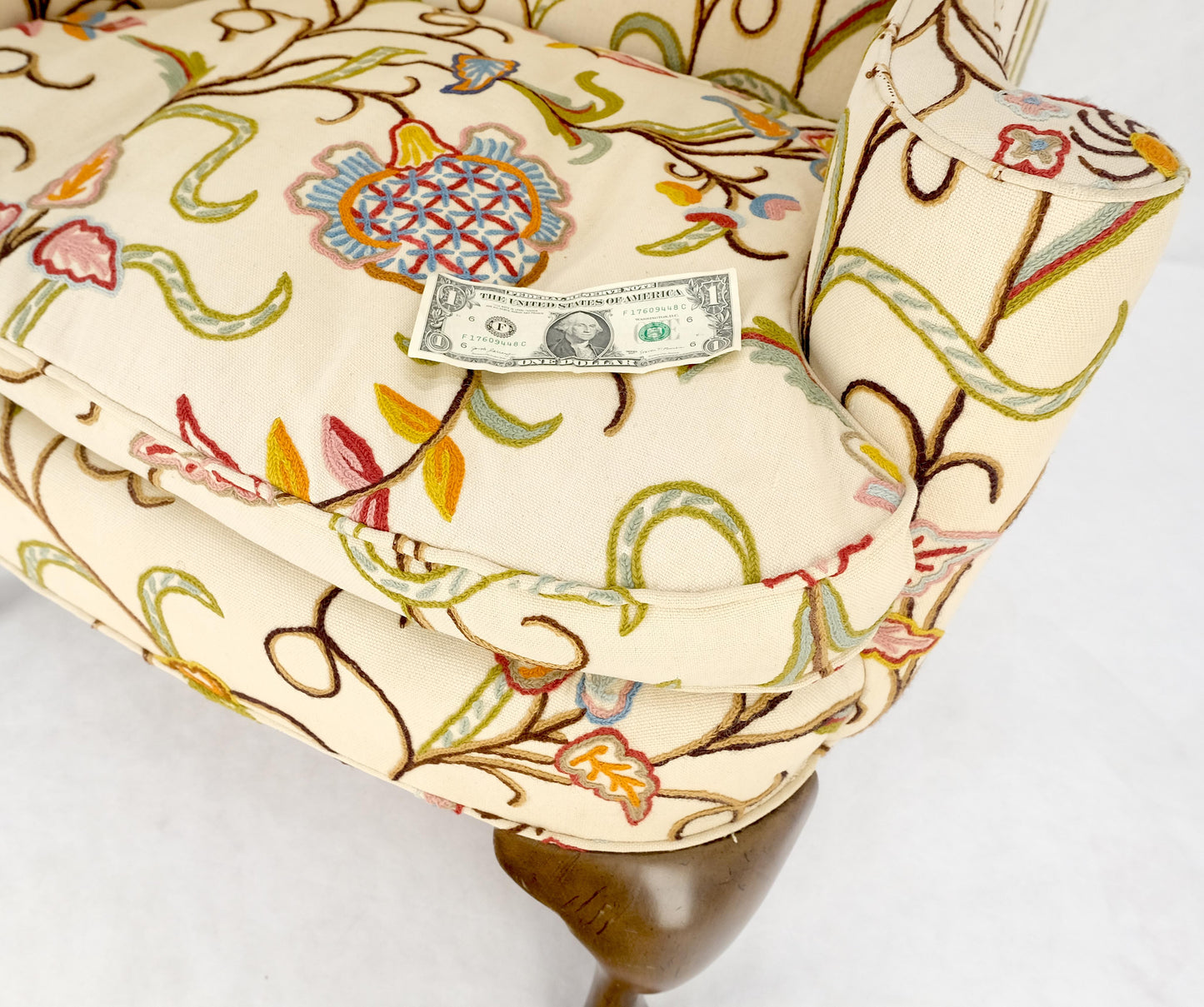 Hand Stitched Floral Pattern Wide Queen Ann Base Wind Lounge Club Chair 1940s