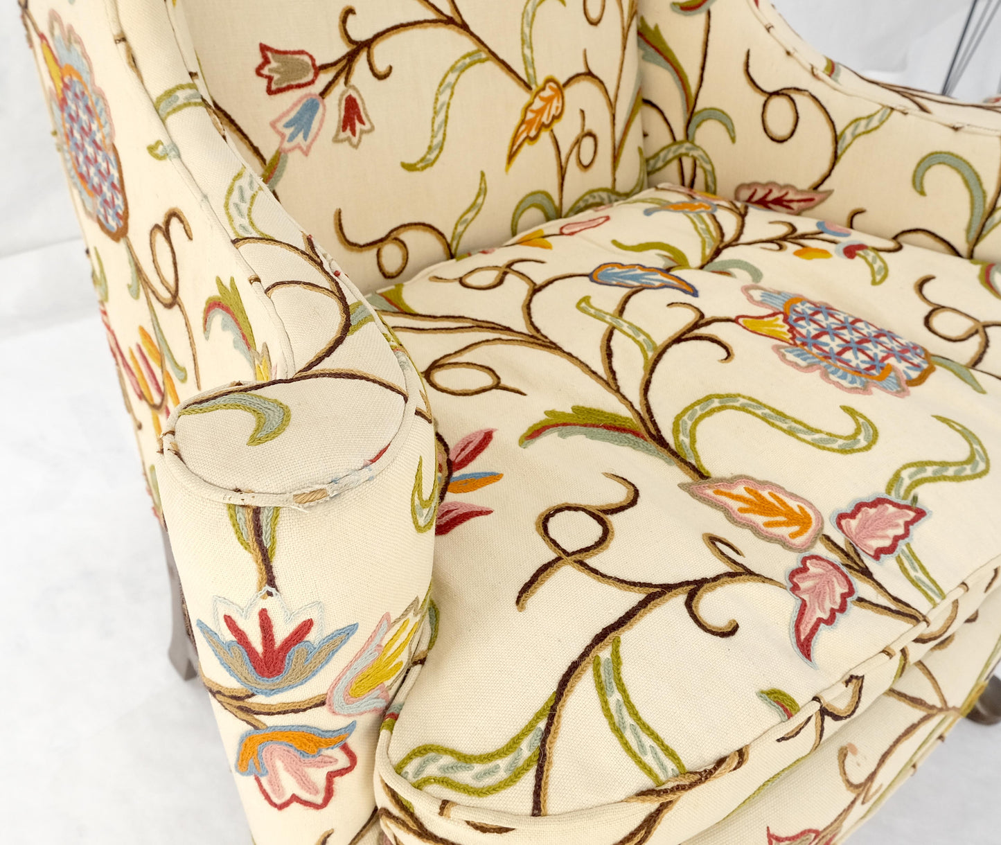 Hand Stitched Floral Pattern Wide Queen Ann Base Wind Lounge Club Chair 1940s