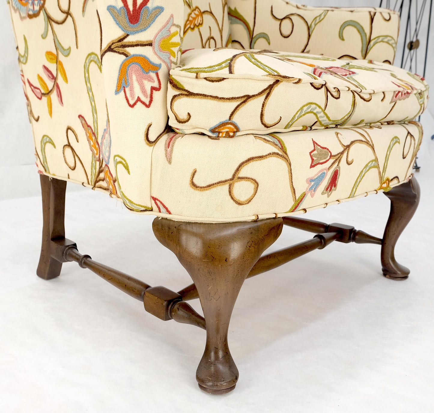 Hand Stitched Floral Pattern Wide Queen Ann Base Wind Lounge Club Chair 1940s