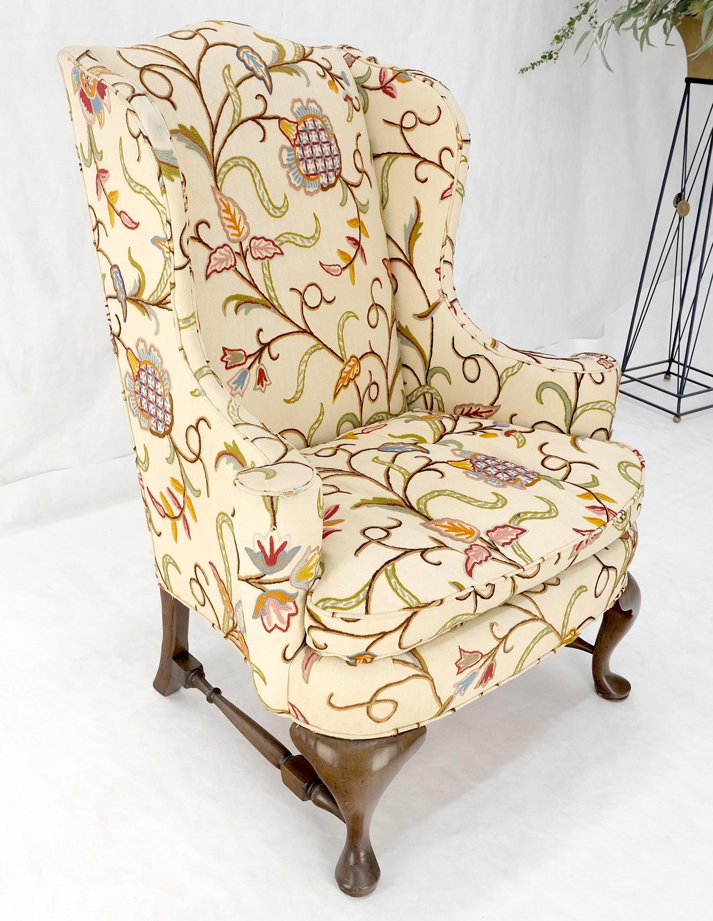 Hand Stitched Floral Pattern Wide Queen Ann Base Wind Lounge Club Chair 1940s