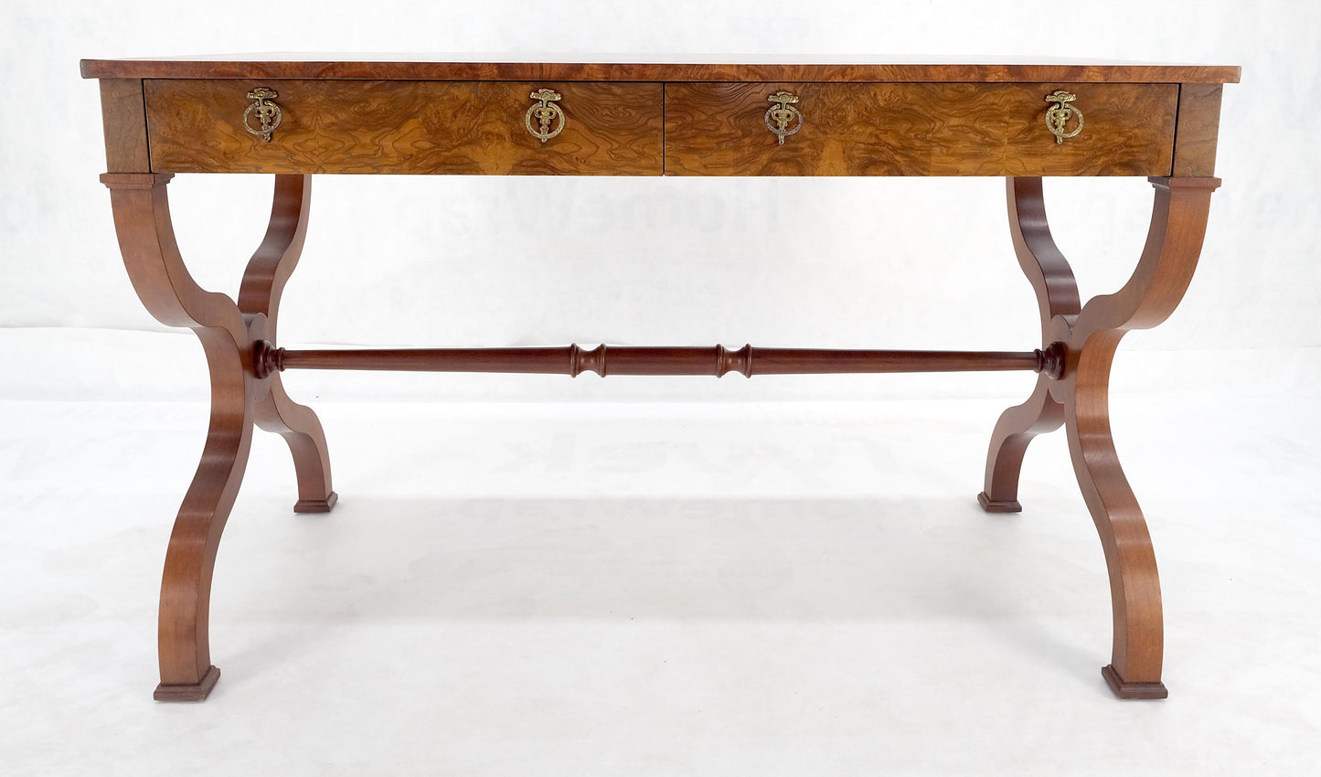EstablishedLines Baker Low Profile Burl Wood Two Drawers Regency Desk Console Writing Table MINT