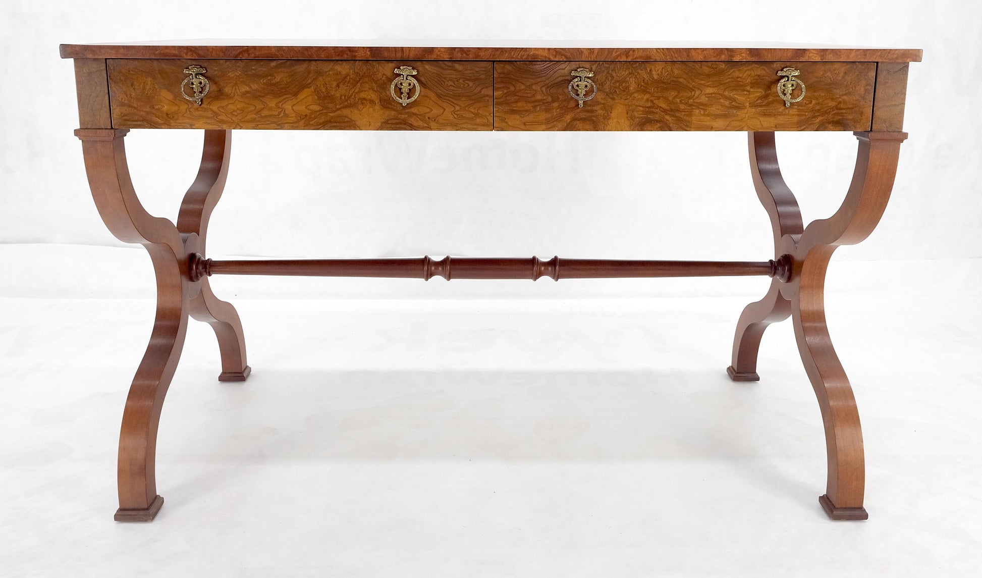 EstablishedLines Baker Low Profile Burl Wood Two Drawers Regency Desk Console Writing Table MINT