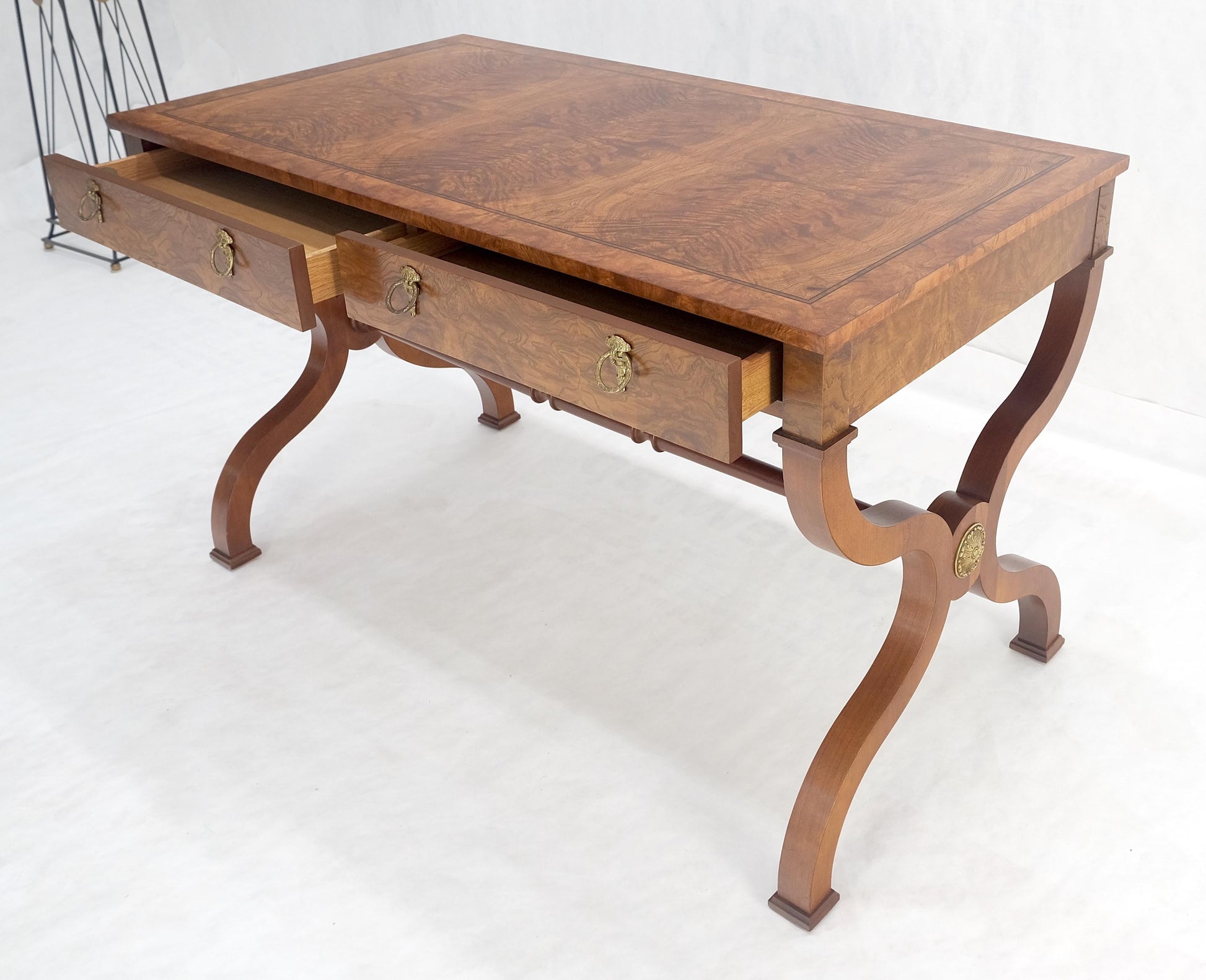 EstablishedLines Baker Low Profile Burl Wood Two Drawers Regency Desk Console Writing Table MINT