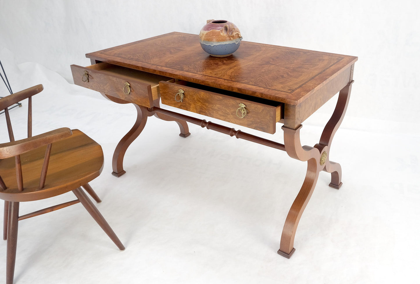EstablishedLines Baker Low Profile Burl Wood Two Drawers Regency Desk Console Writing Table MINT