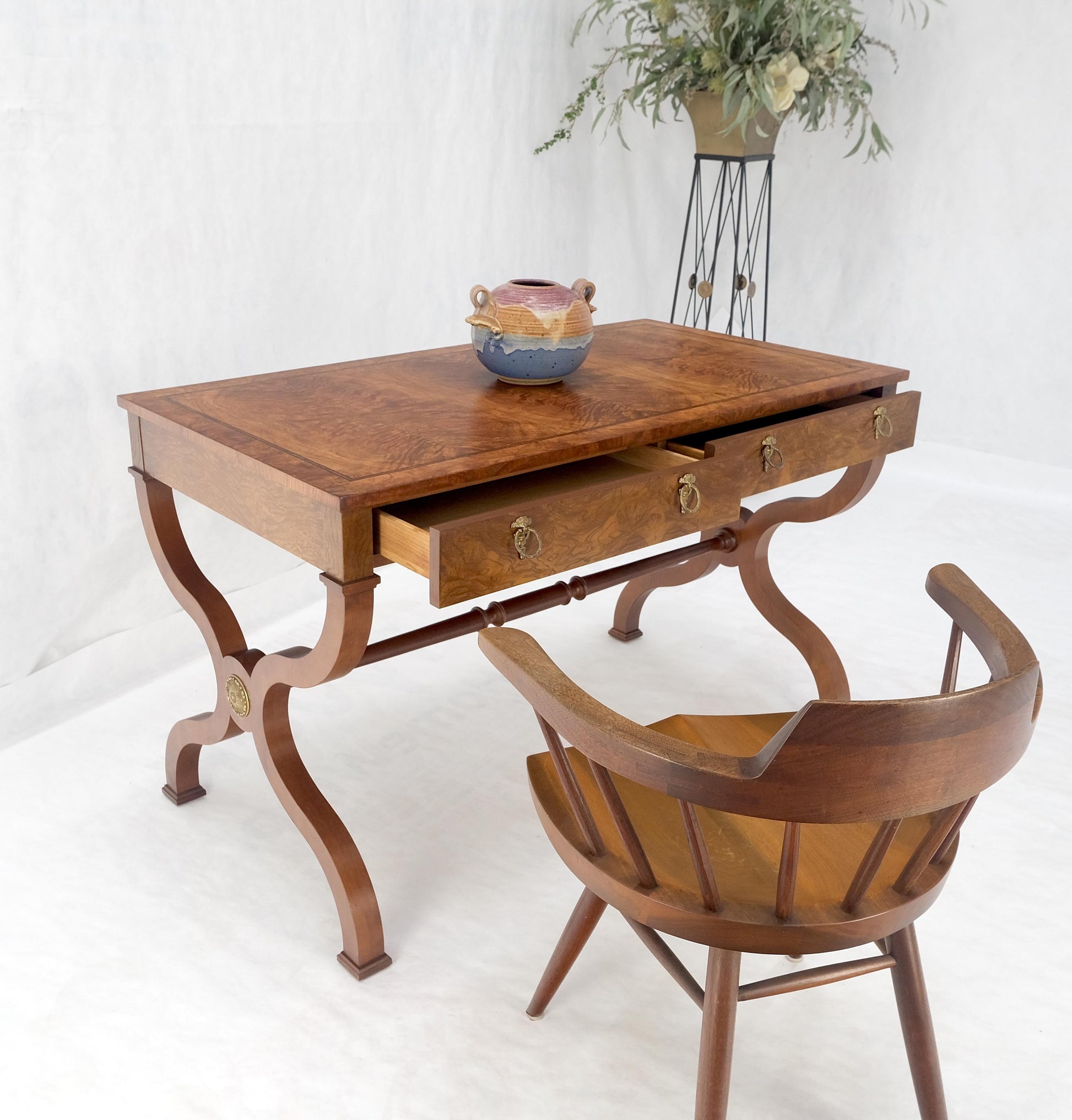 EstablishedLines Baker Low Profile Burl Wood Two Drawers Regency Desk Console Writing Table MINT