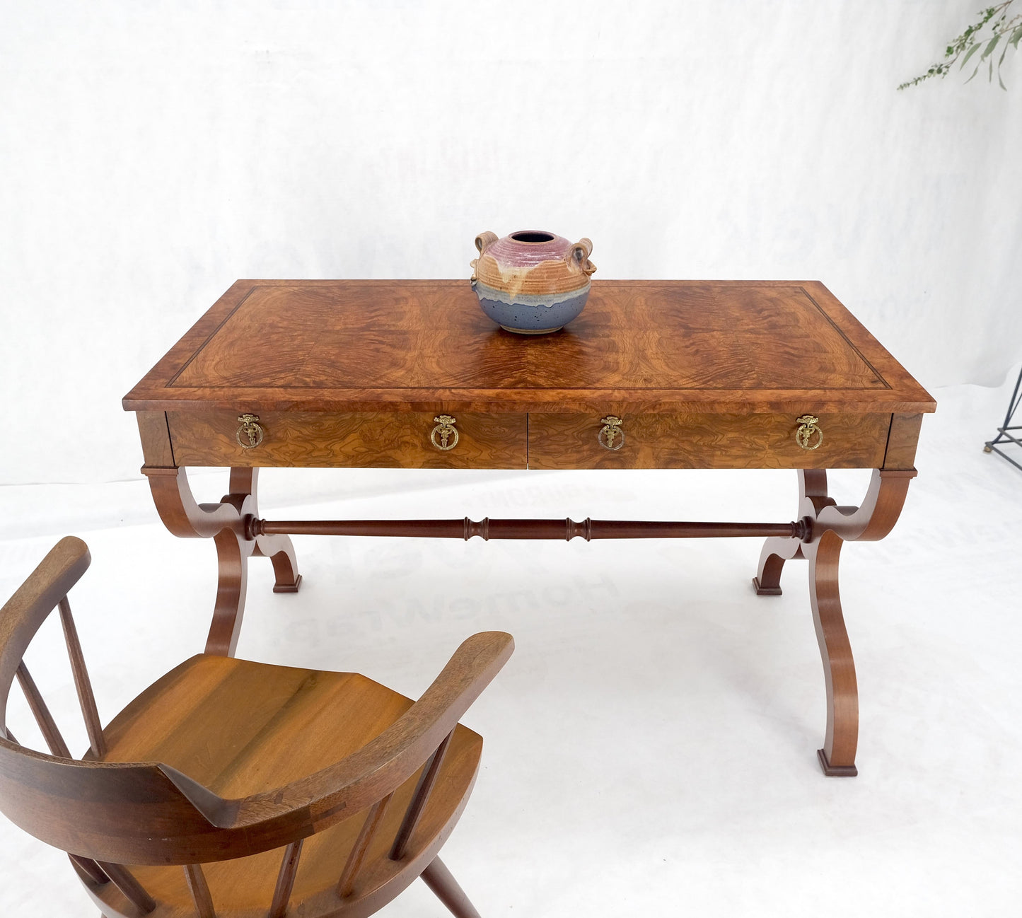 EstablishedLines Baker Low Profile Burl Wood Two Drawers Regency Desk Console Writing Table MINT