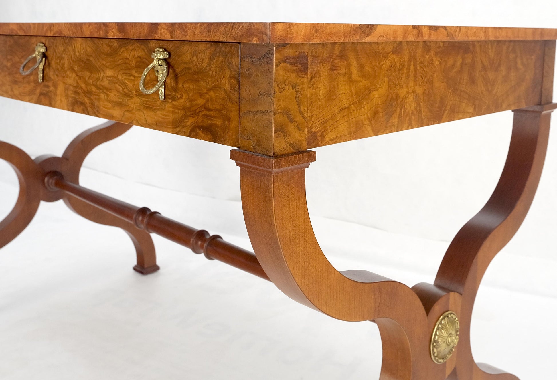 EstablishedLines Baker Low Profile Burl Wood Two Drawers Regency Desk Console Writing Table MINT