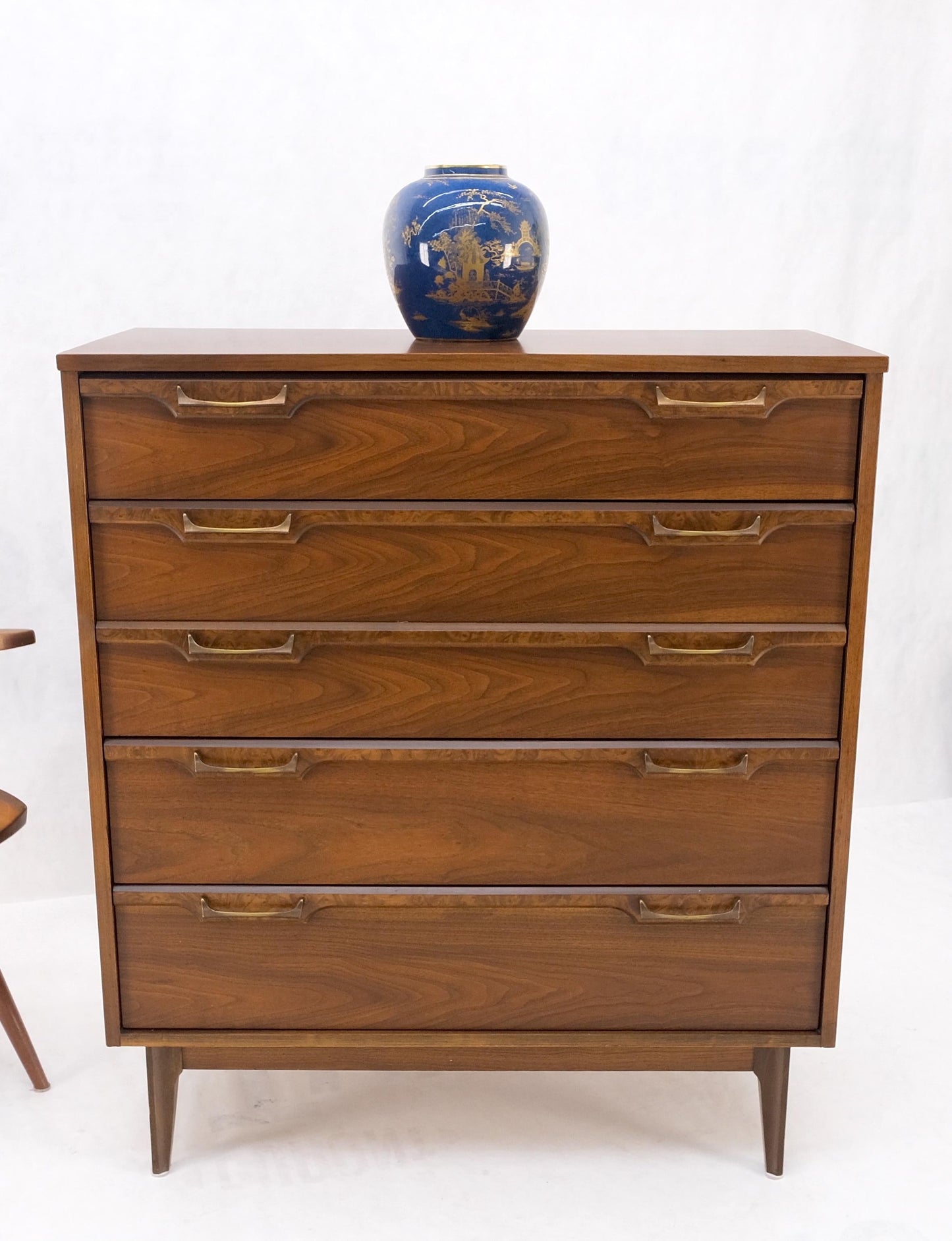 Mid-Century Modern Walnut & Burl Accents Dresser High Chest Mint!