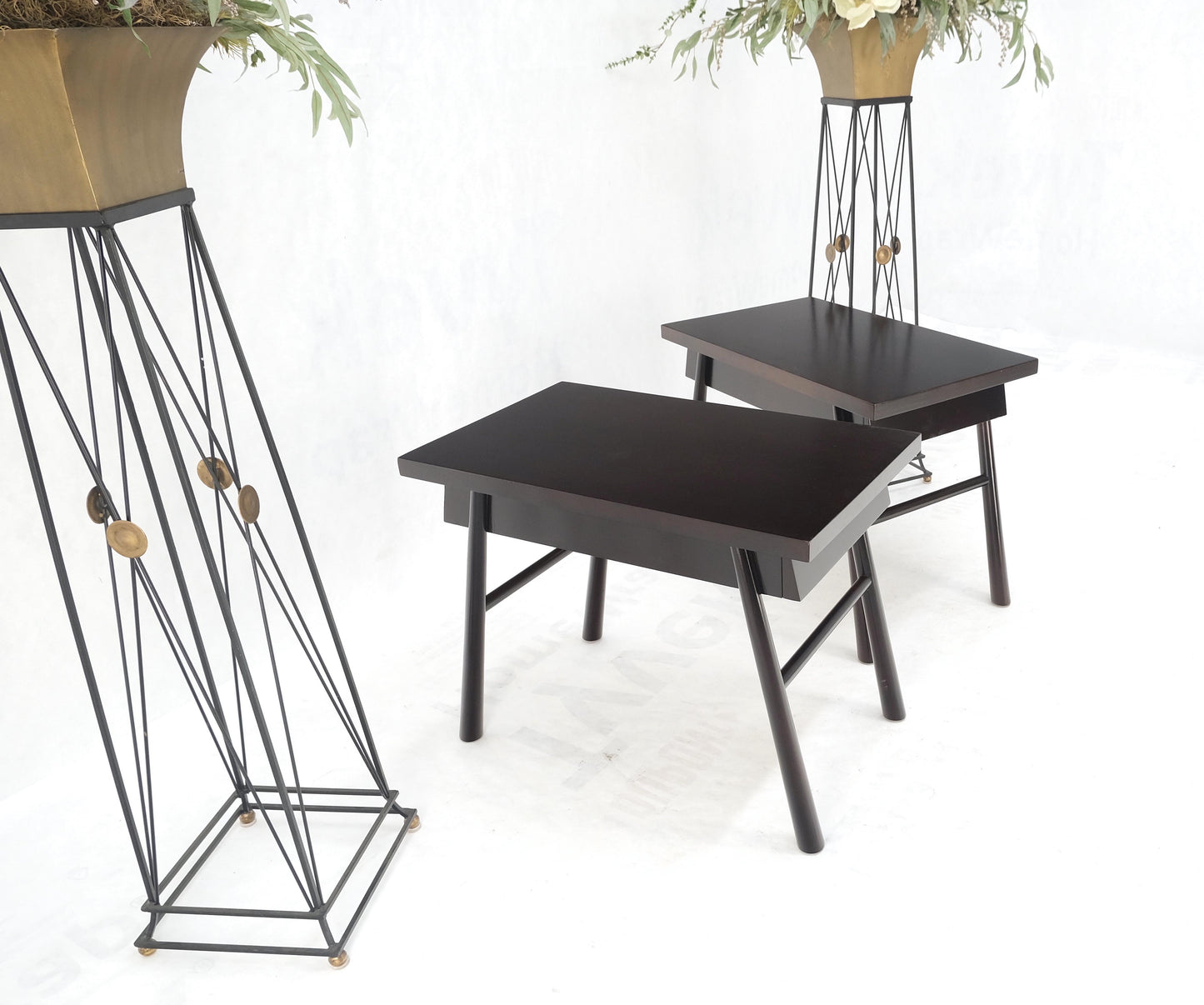 EstablishedLines Pair of Gibbings Ebonized Dark Lacquer Walnut One Drawer End Side Tables Mint!