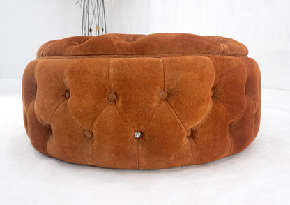EstablishedLines Tufted Orange Rust Color Suede Leather 32 Round Ottoman Bench Pouf 1970s MINT!