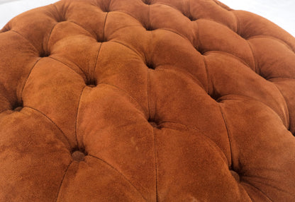 EstablishedLines Tufted Orange Rust Color Suede Leather 32 Round Ottoman Bench Pouf 1970s MINT!
