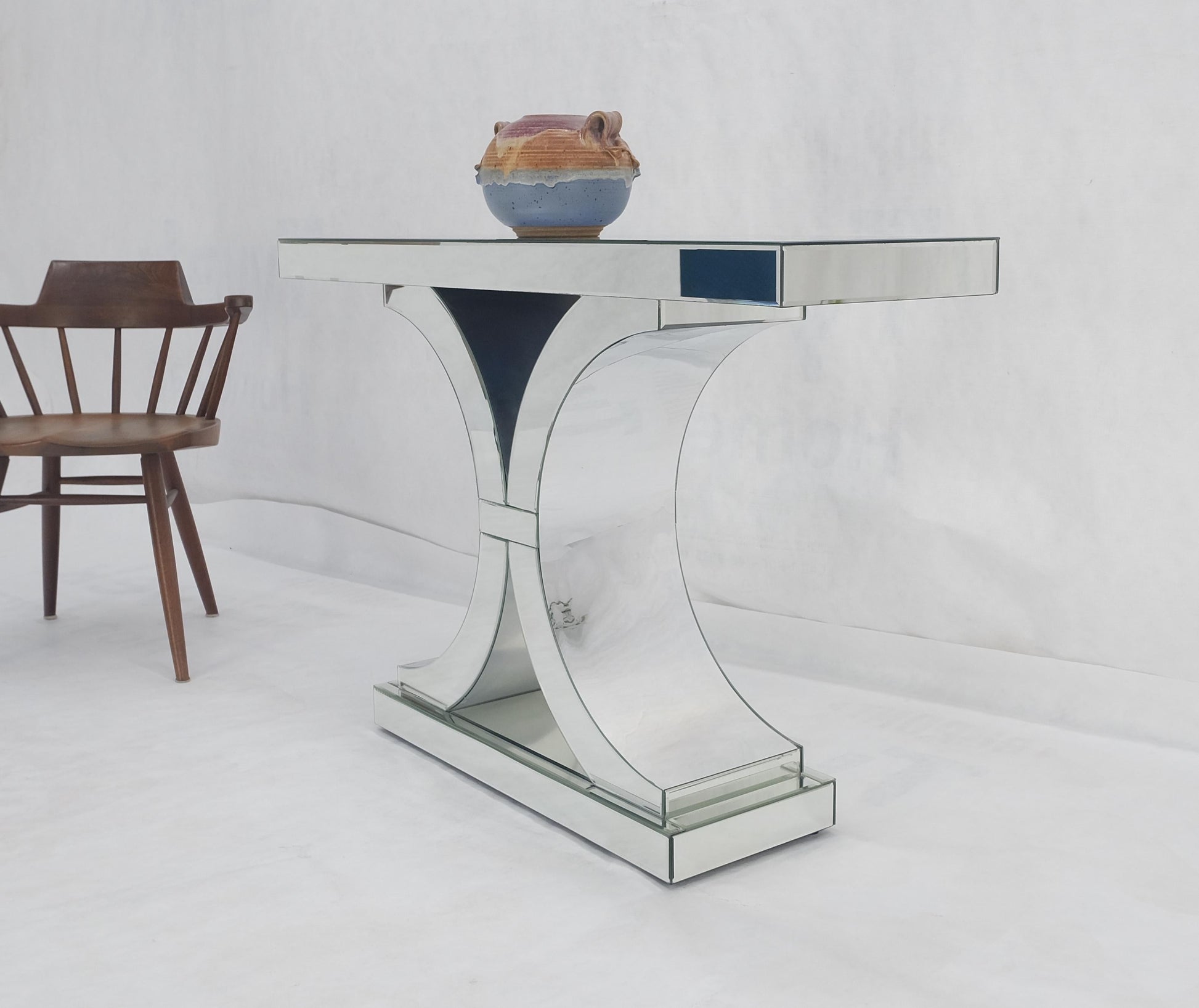 EstablishedLines All Mirrored 360 Degrees Beveled & Curved Mirror 4' Long Console Sofa Table MINT