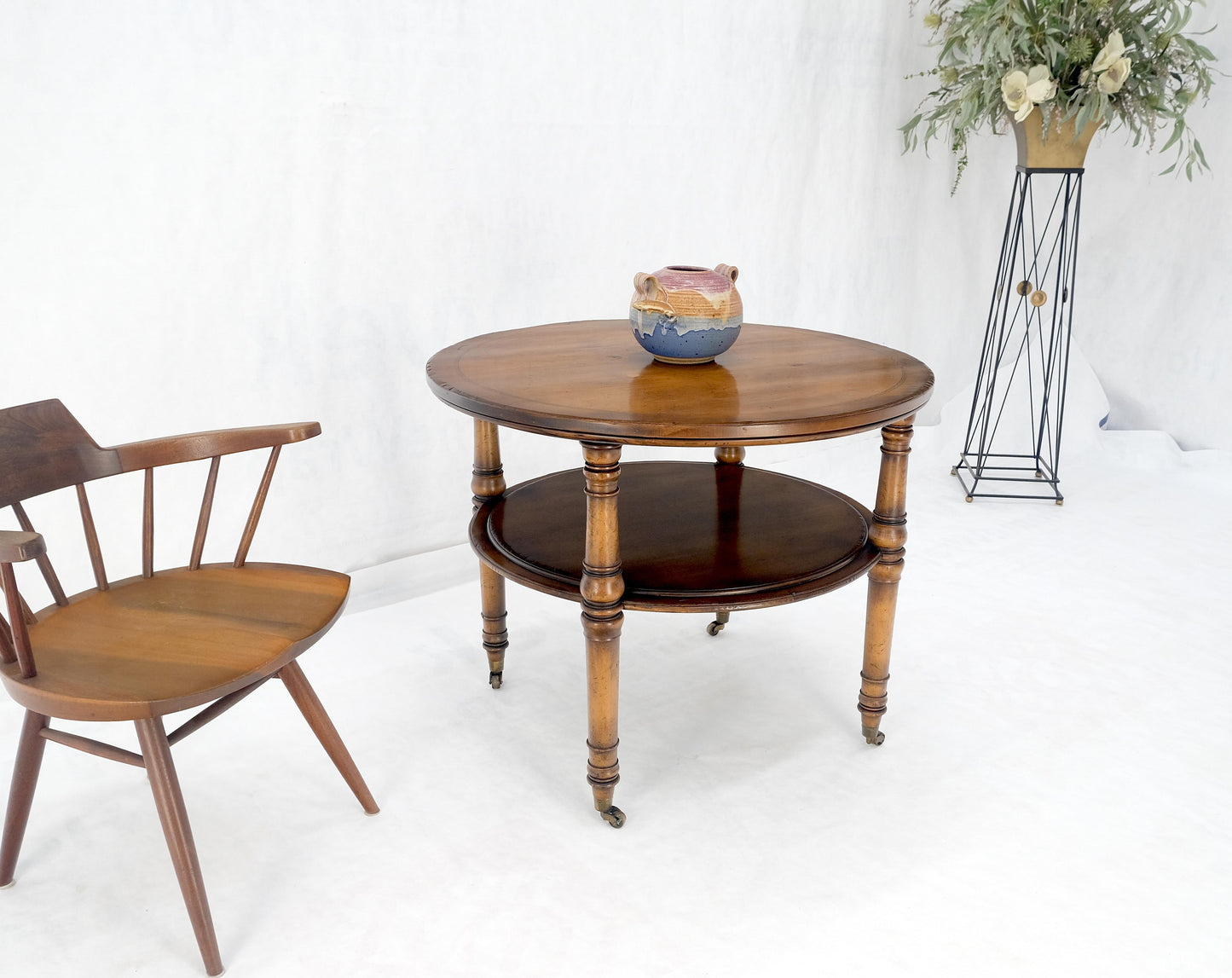 Baker Turned Legs Round Two Tier Occasional Center Serving Table Stand MINT