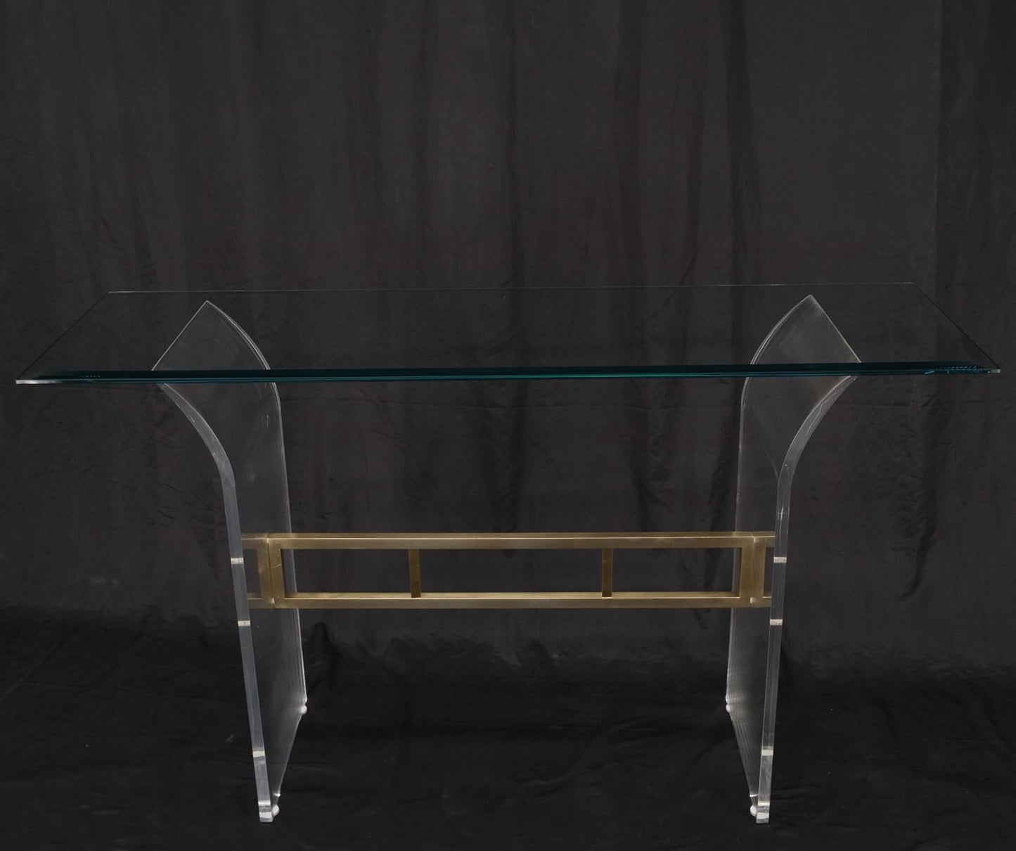 Lucite & Brass Base Glass Top Console Sofa Table Mid-Century Modern Mint
