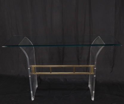 Lucite & Brass Base Glass Top Console Sofa Table Mid-Century Modern Mint