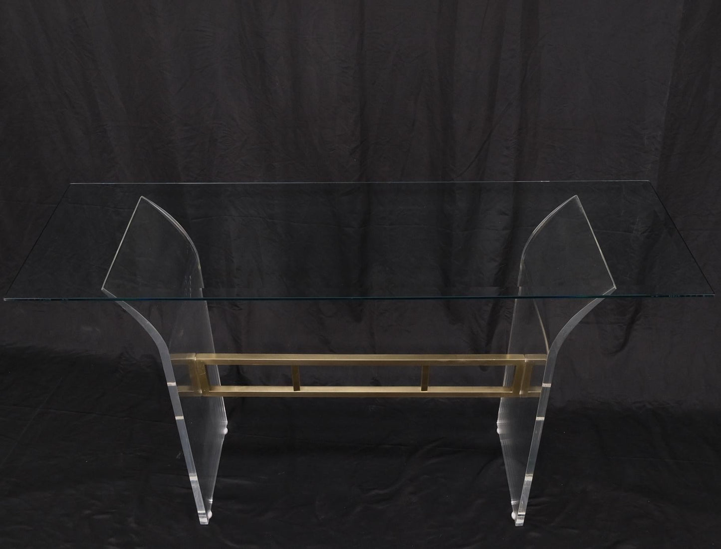 Lucite & Brass Base Glass Top Console Sofa Table Mid-Century Modern Mint