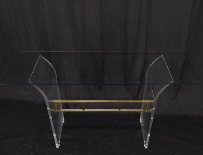 Lucite & Brass Base Glass Top Console Sofa Table Mid-Century Modern Mint