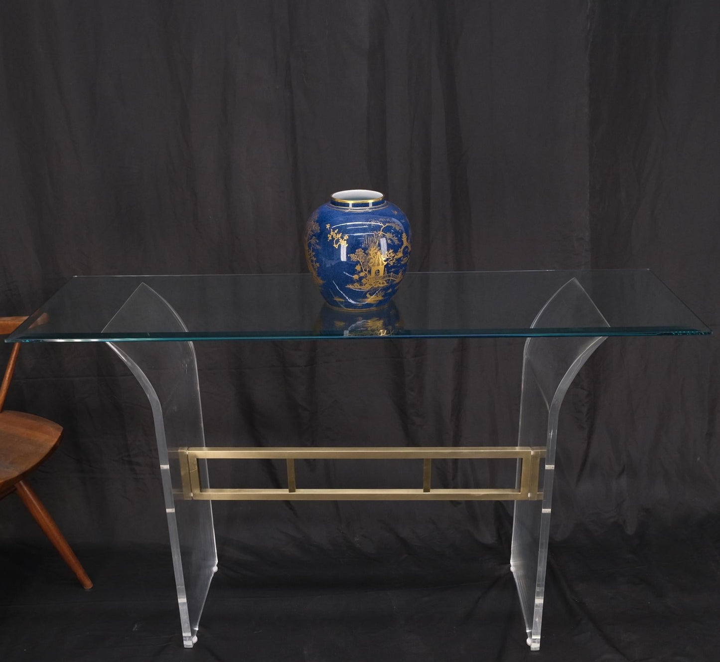Lucite & Brass Base Glass Top Console Sofa Table Mid-Century Modern Mint