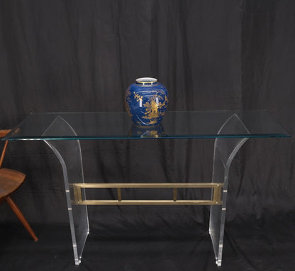 Lucite & Brass Base Glass Top Console Sofa Table Mid-Century Modern Mint