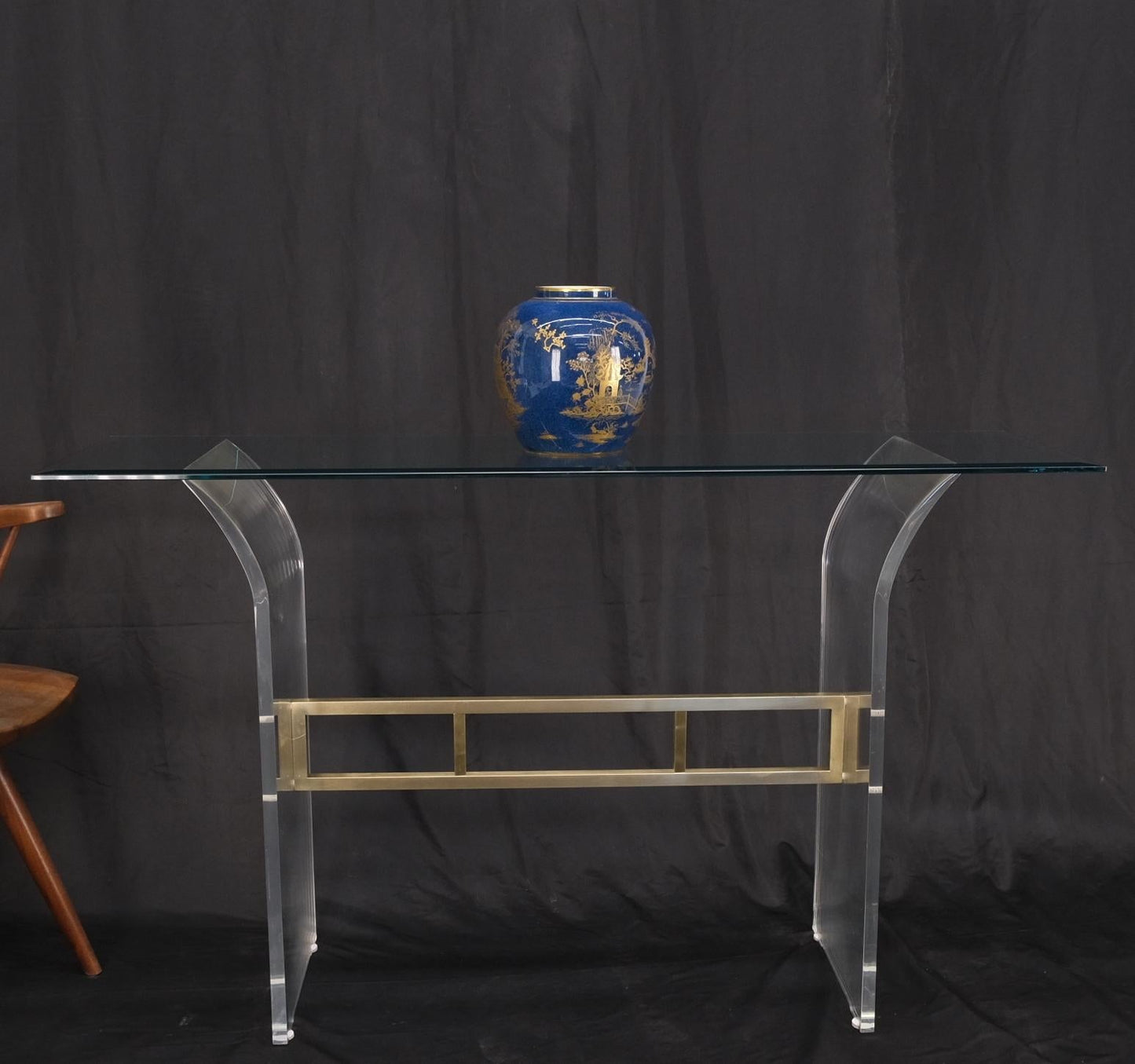 Lucite & Brass Base Glass Top Console Sofa Table Mid-Century Modern Mint