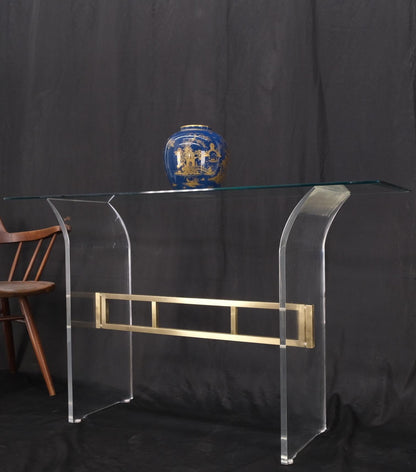 Lucite & Brass Base Glass Top Console Sofa Table Mid-Century Modern Mint