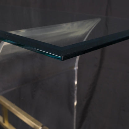 Lucite & Brass Base Glass Top Console Sofa Table Mid-Century Modern Mint