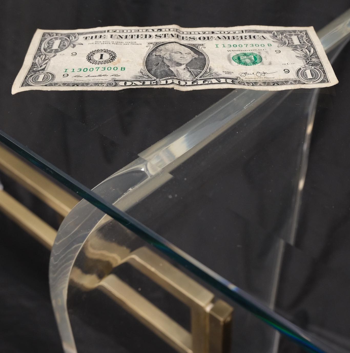 Lucite & Brass Base Glass Top Console Sofa Table Mid-Century Modern Mint
