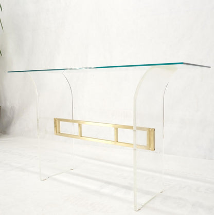 Lucite & Brass Base Glass Top Console Sofa Table Mid-Century Modern Mint