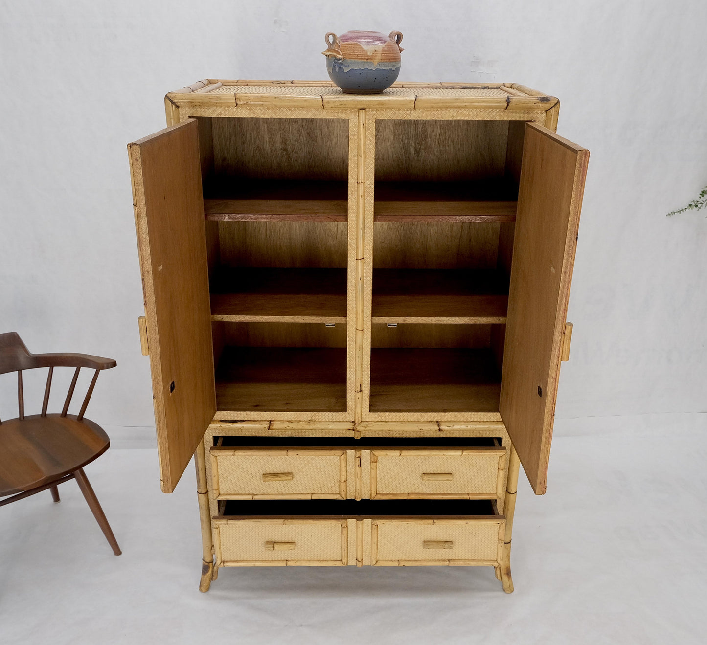 EstablishedLines Burnt Bamboo Grass Cloth Two Doors Chifforobe Cabinet Gentleman's Chest Dresser