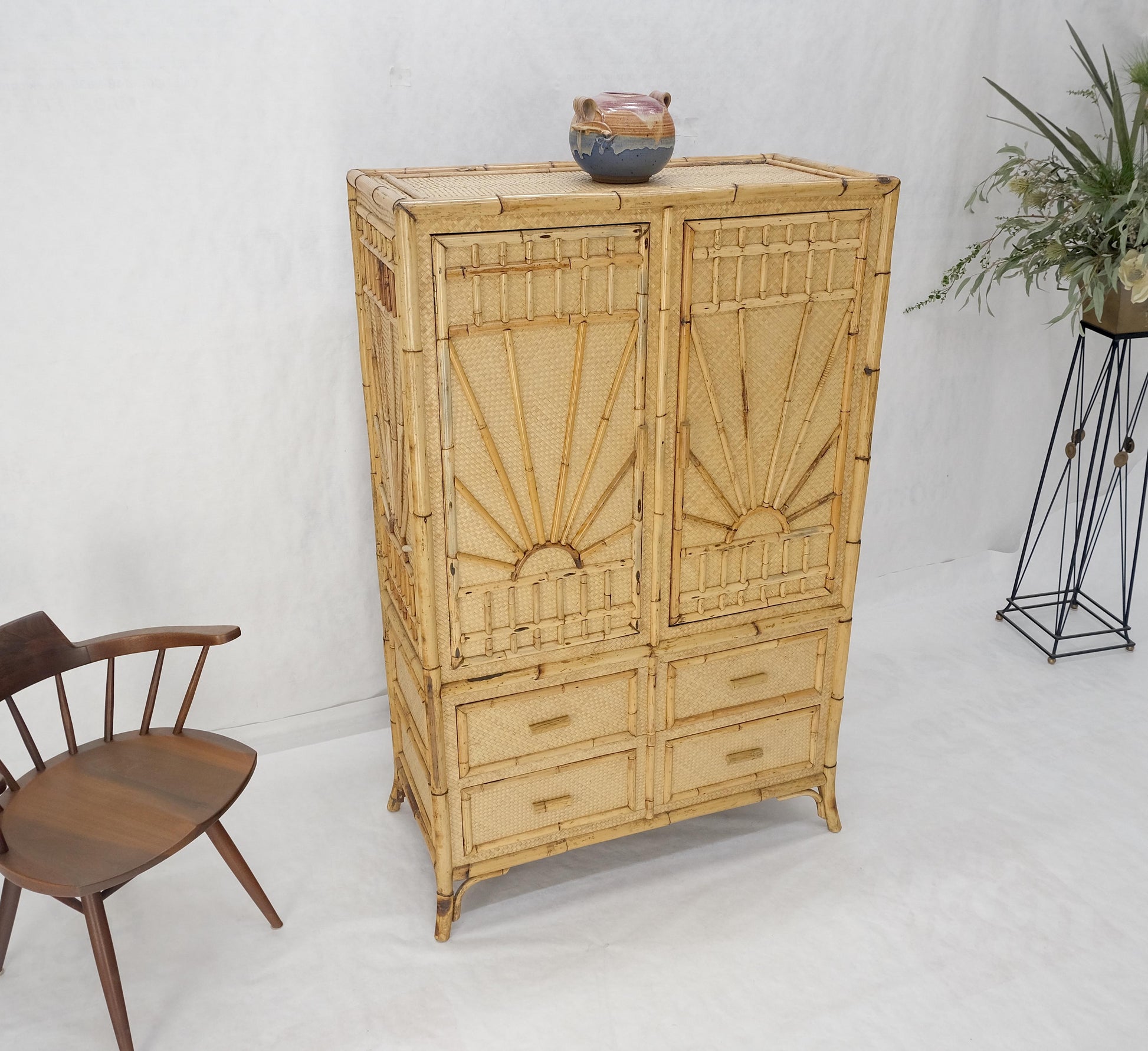 EstablishedLines Burnt Bamboo Grass Cloth Two Doors Chifforobe Cabinet Gentleman's Chest Dresser