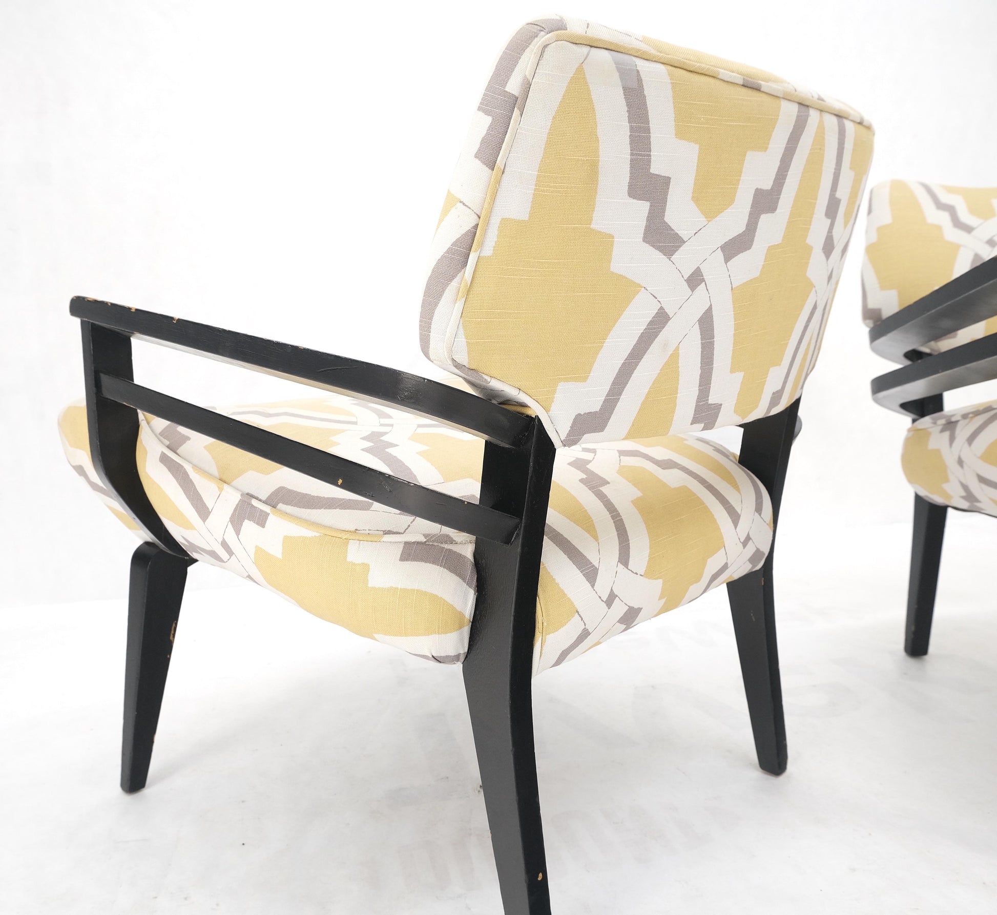 EstablishedLines Pair of Mid-Century Modern Black Lacquer Abstract Fabric Lounge Chairs AS IS