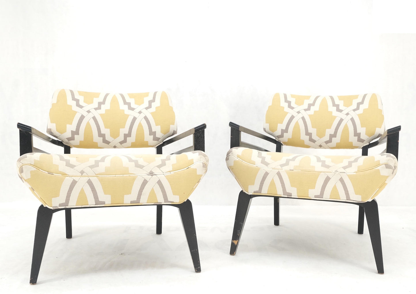 EstablishedLines Pair of Mid-Century Modern Black Lacquer Abstract Fabric Lounge Chairs AS IS