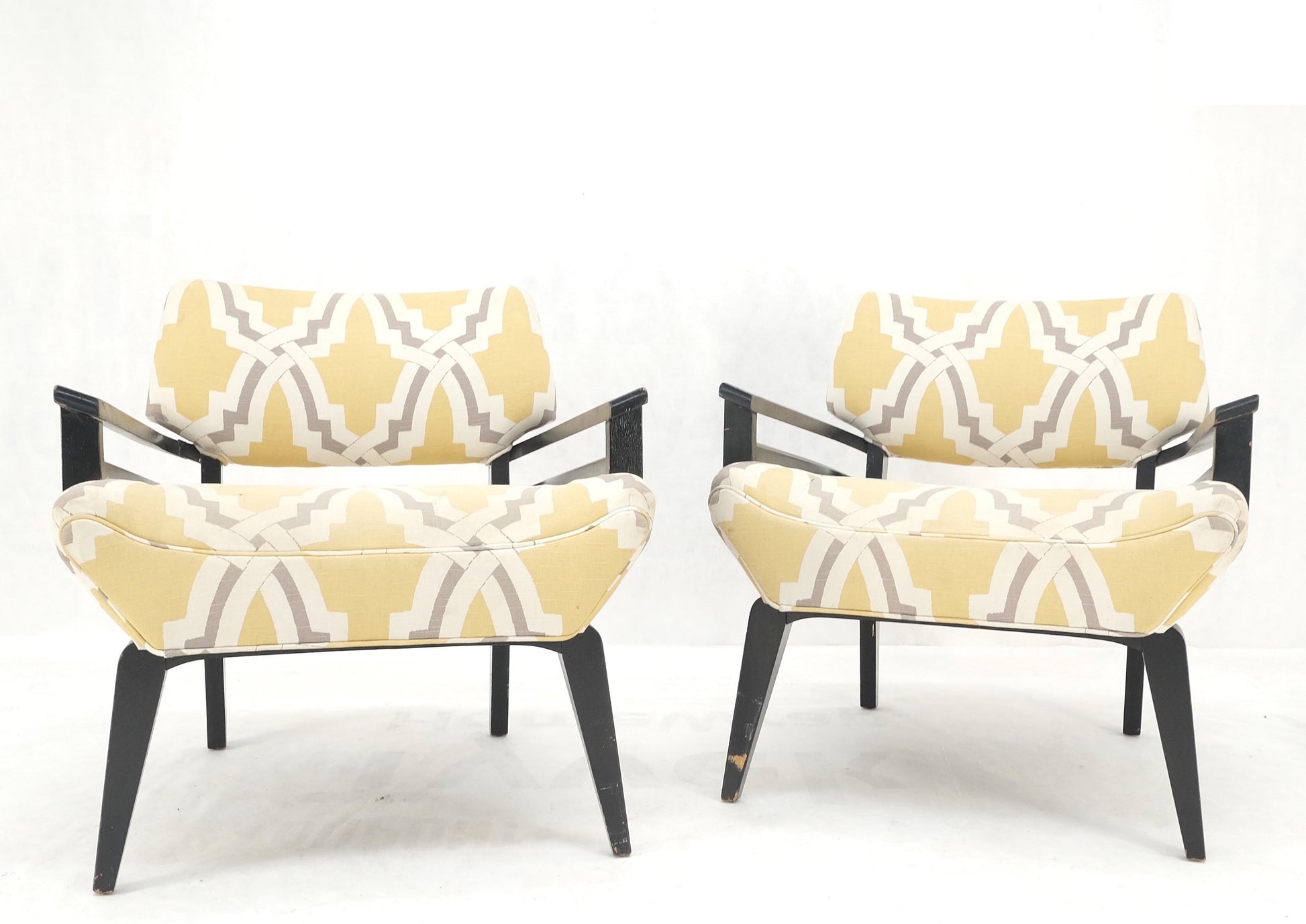 EstablishedLines Pair of Mid-Century Modern Black Lacquer Abstract Fabric Lounge Chairs AS IS