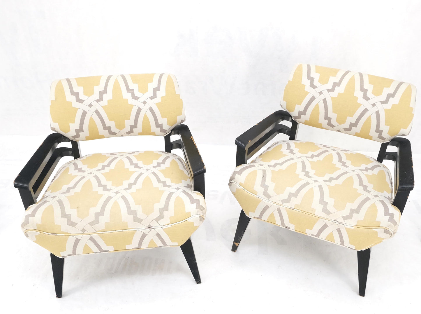EstablishedLines Pair of Mid-Century Modern Black Lacquer Abstract Fabric Lounge Chairs AS IS