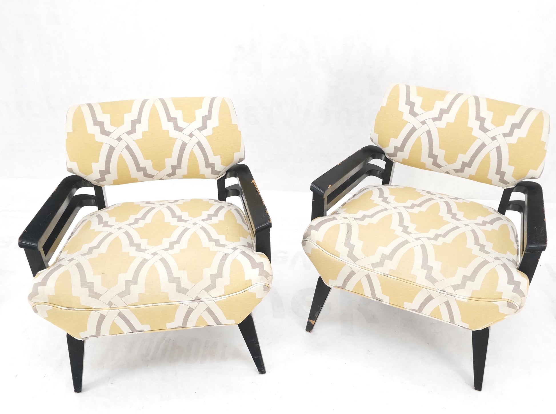 EstablishedLines Pair of Mid-Century Modern Black Lacquer Abstract Fabric Lounge Chairs AS IS