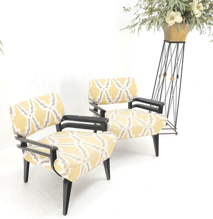 EstablishedLines Pair of Mid-Century Modern Black Lacquer Abstract Fabric Lounge Chairs AS IS