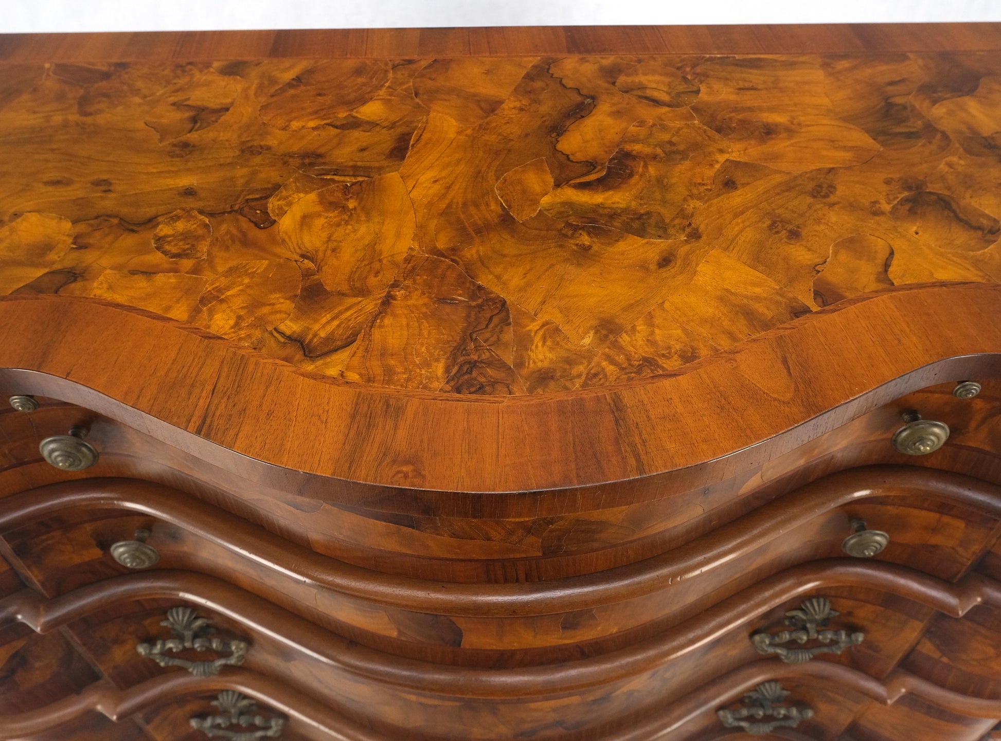 EstablishedLines Burl Patches Veneer Work Olive Wood Serpentine Front Dresser Bachelor Chest MINT