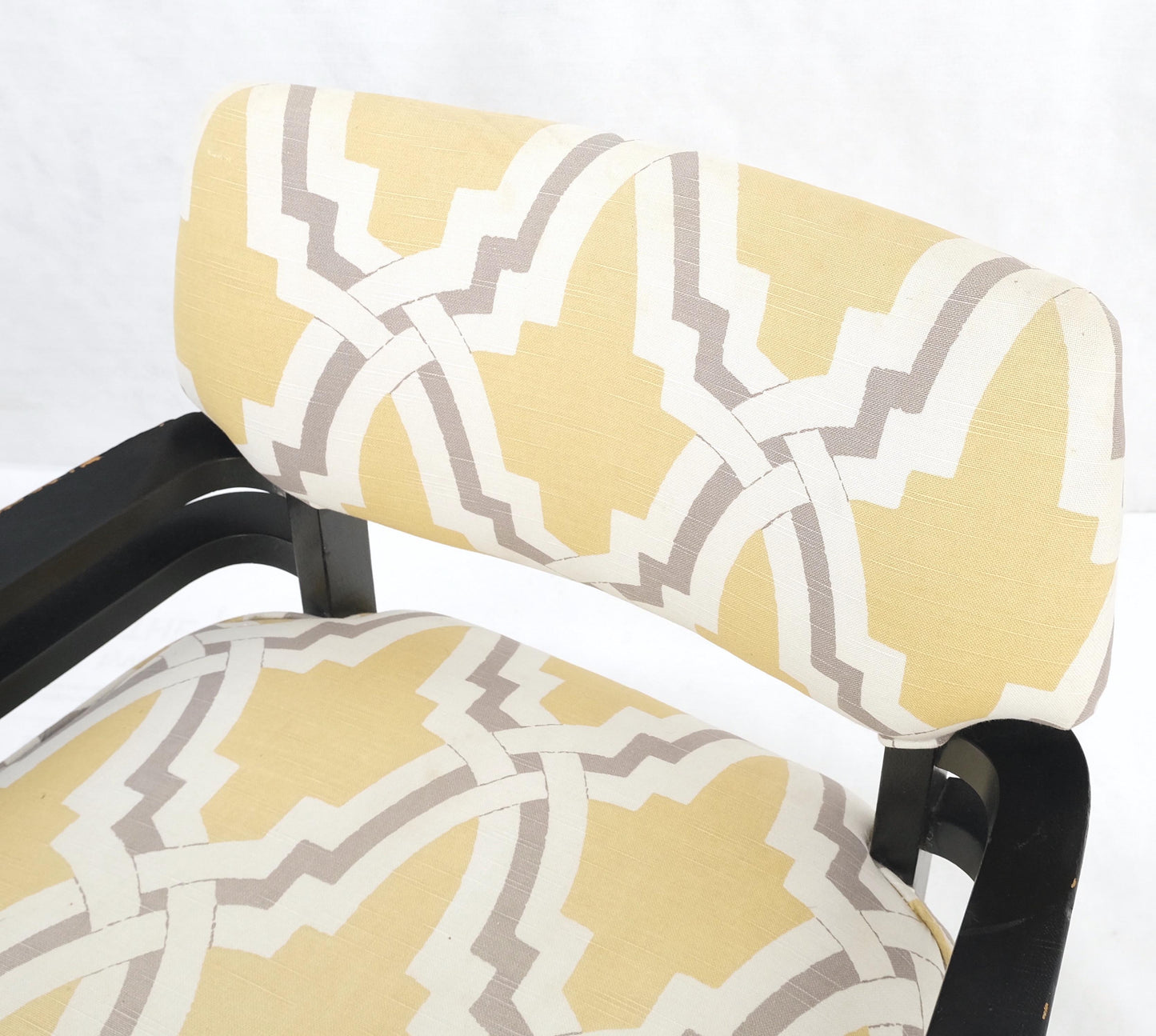 EstablishedLines Pair of Mid-Century Modern Black Lacquer Abstract Fabric Lounge Chairs AS IS