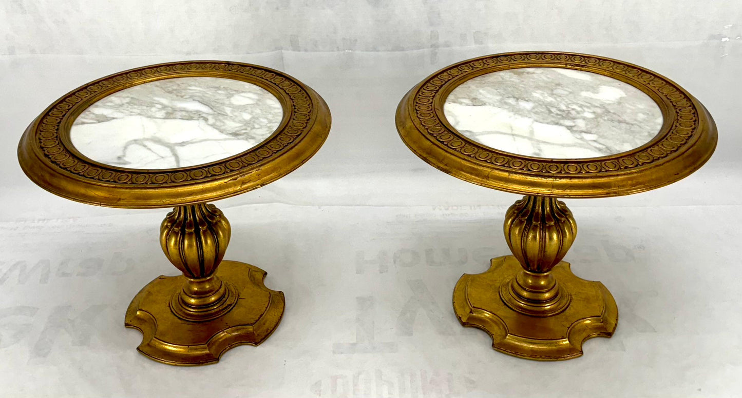 Pair Marble Tops Gold Round Medallion Top Onion Shape Base Side End Lamp Stands