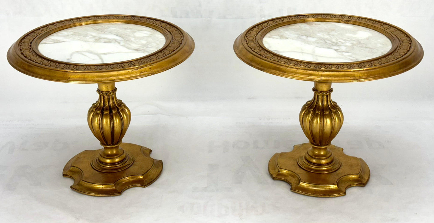 Pair Marble Tops Gold Round Medallion Top Onion Shape Base Side End Lamp Stands