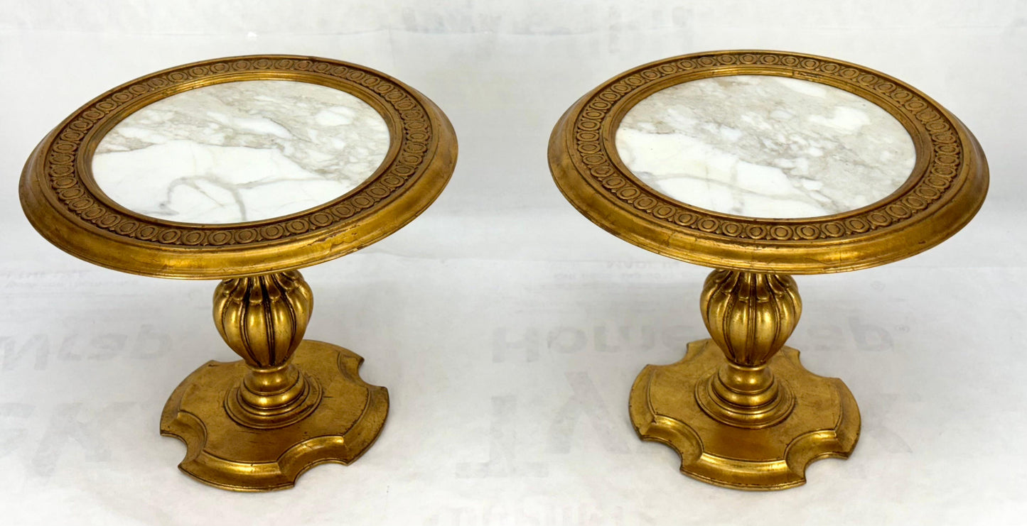 Pair Marble Tops Gold Round Medallion Top Onion Shape Base Side End Lamp Stands