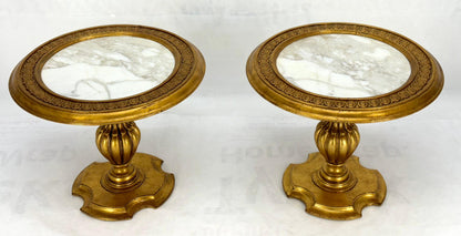 Pair Marble Tops Gold Round Medallion Top Onion Shape Base Side End Lamp Stands