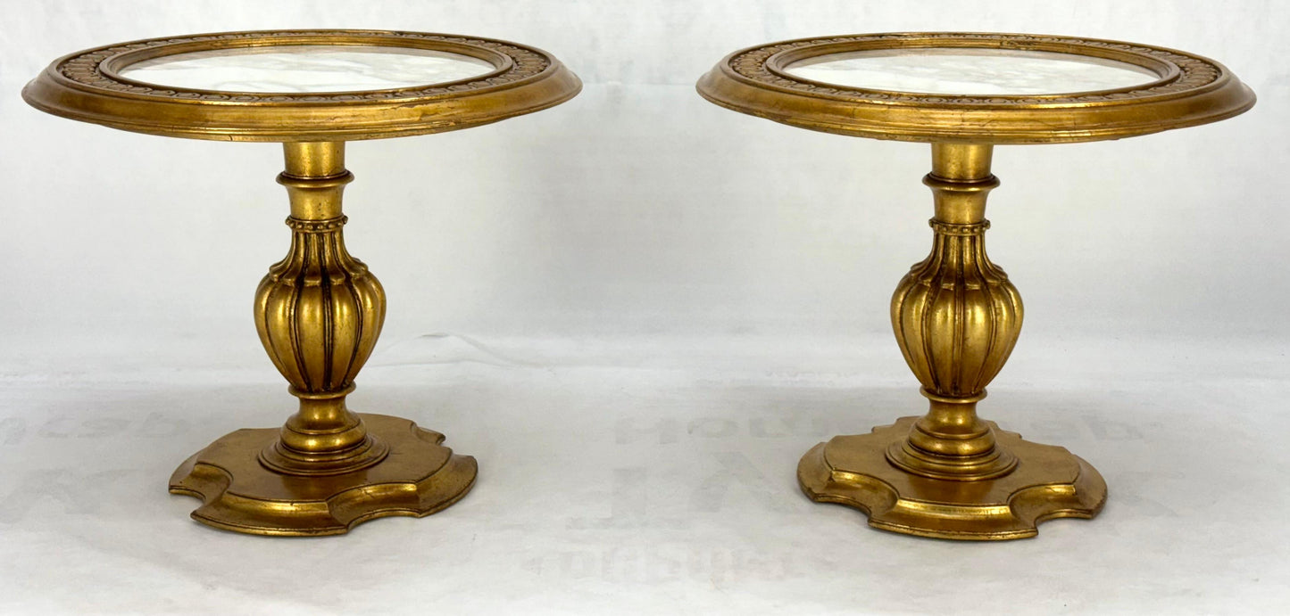 Pair Marble Tops Gold Round Medallion Top Onion Shape Base Side End Lamp Stands