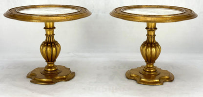 Pair Marble Tops Gold Round Medallion Top Onion Shape Base Side End Lamp Stands