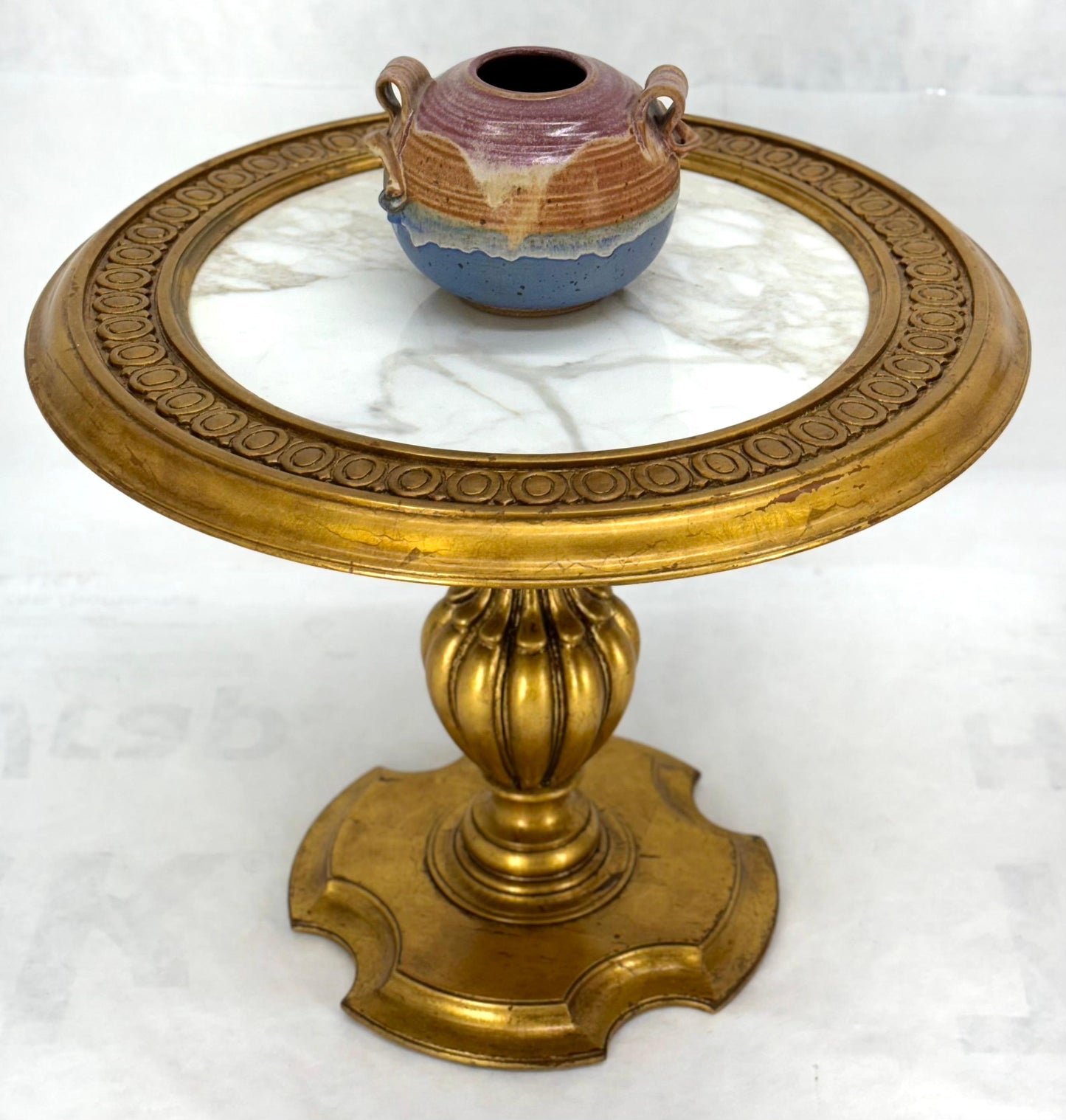 Pair Marble Tops Gold Round Medallion Top Onion Shape Base Side End Lamp Stands