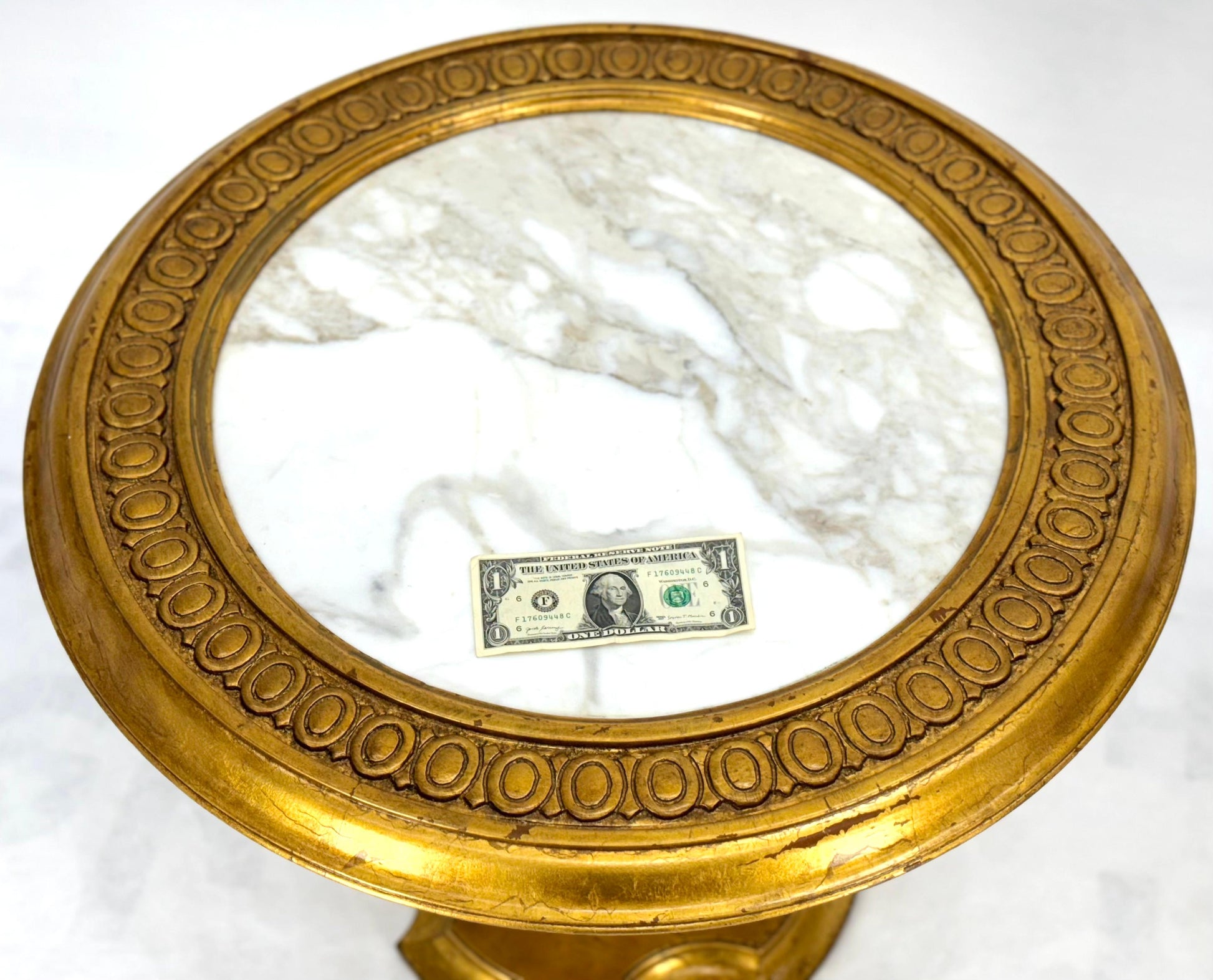 EstablishedLines Pair Marble Tops Gold Round Medallion Top Onion Shape Base Side End Lamp Stands