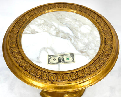 EstablishedLines Pair Marble Tops Gold Round Medallion Top Onion Shape Base Side End Lamp Stands