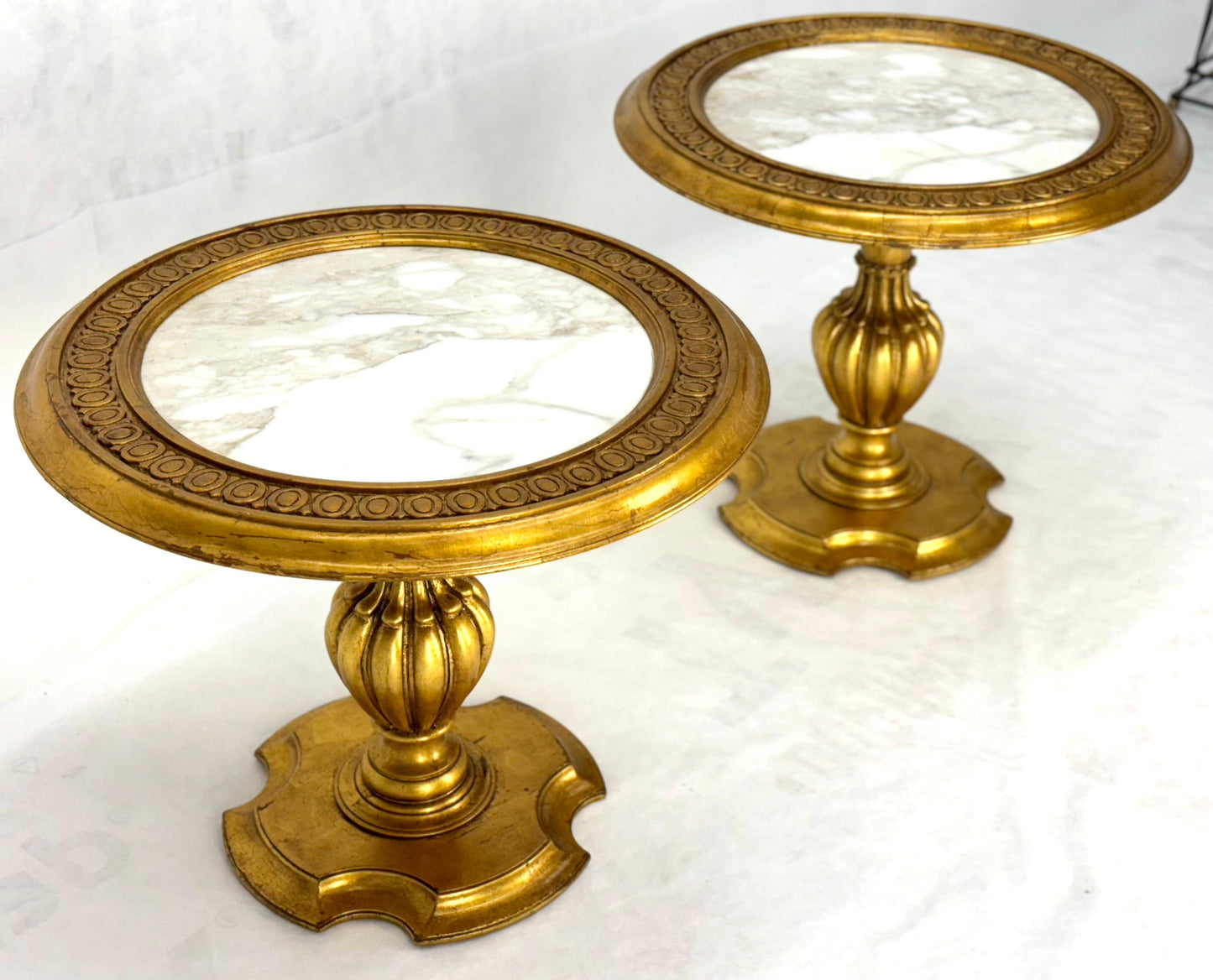 EstablishedLines Pair Marble Tops Gold Round Medallion Top Onion Shape Base Side End Lamp Stands